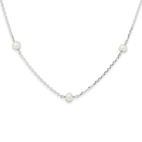 Freshwater Pearl Station Necklace | Sterling Silver with Rhodium Plating