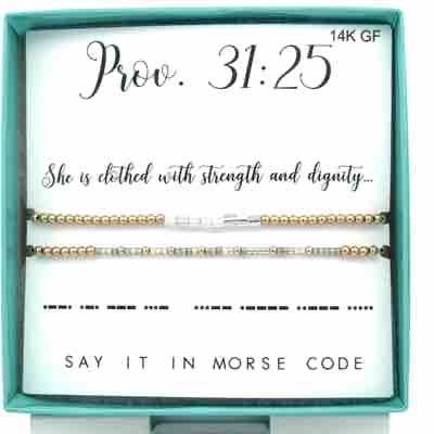 Proverbs 31:25 Morse Code Stretch Bracelet Stack