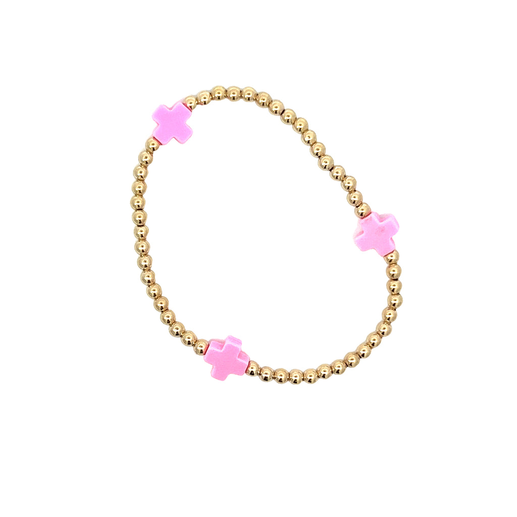 egirl Signature Cross Gold Filled Pattern 3mm Bead Bracelet in Bright Pink