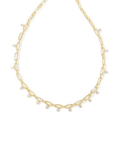 Lindy Gold Crystal Chain Necklace in White CZ