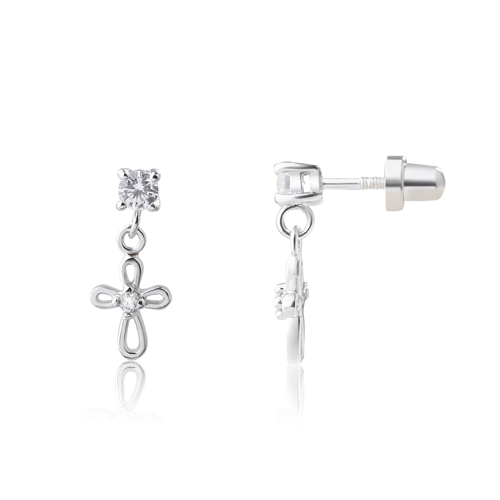 Girls Sterling Silver CZ w/Cross Earrings, First Communion