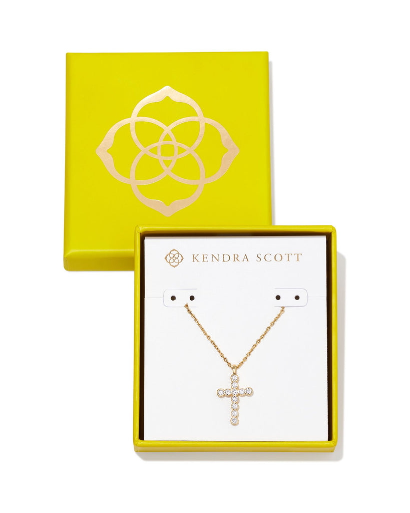 Boxed Cross Crystal Gold Pendant Necklace in White CZ