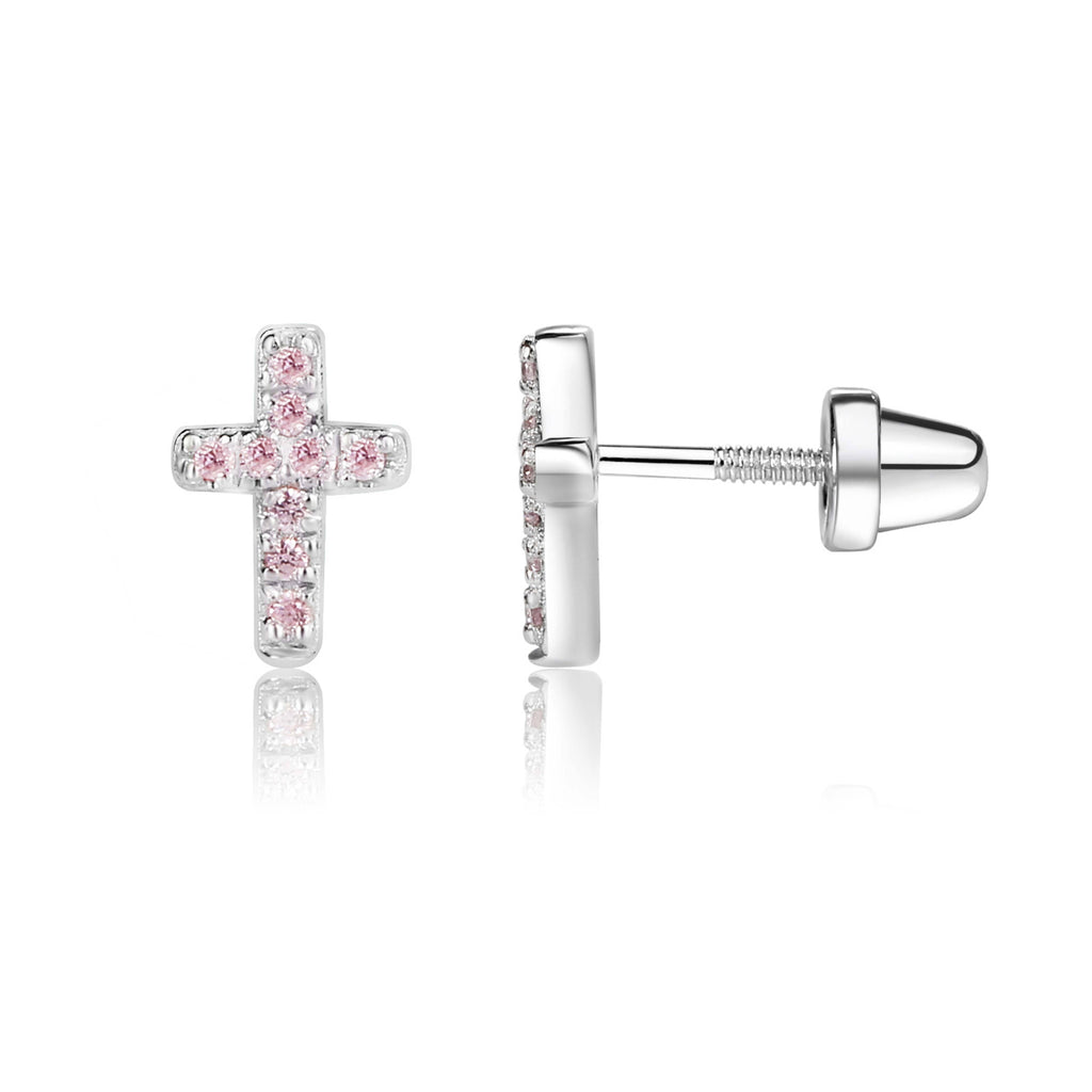 Sterling Silver Pink CZ Cross Earrings Baby Baptism Gift
