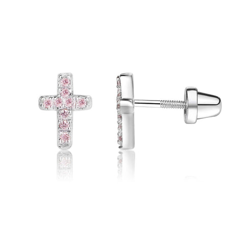 Sterling Silver Pink CZ Cross Earrings Baby Baptism Gift