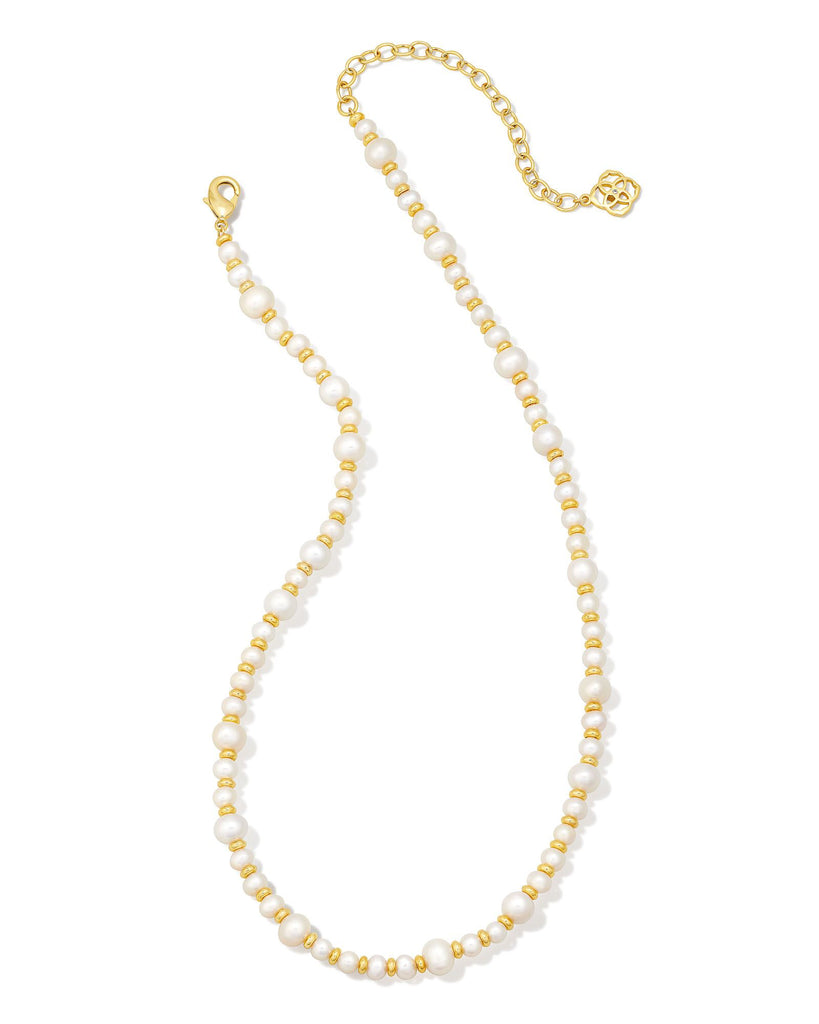 Jovie Beaded Gold Strand Necklace in White Pearl