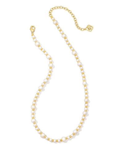 Jovie Beaded Gold Strand Necklace in White Pearl