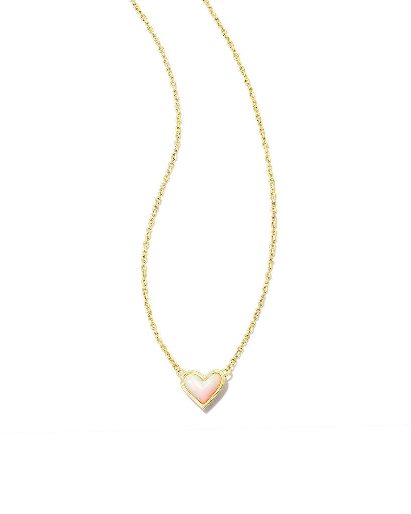 Framed Gold Ari Heart Short Pendant Necklace in White Opalescent Resin