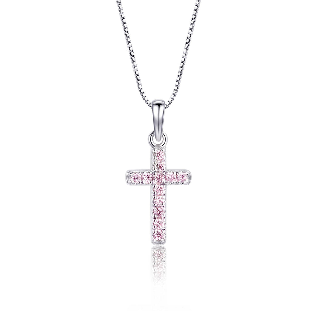 Girls 1st Communion Sterling Silver Pink CZ Cross Necklace