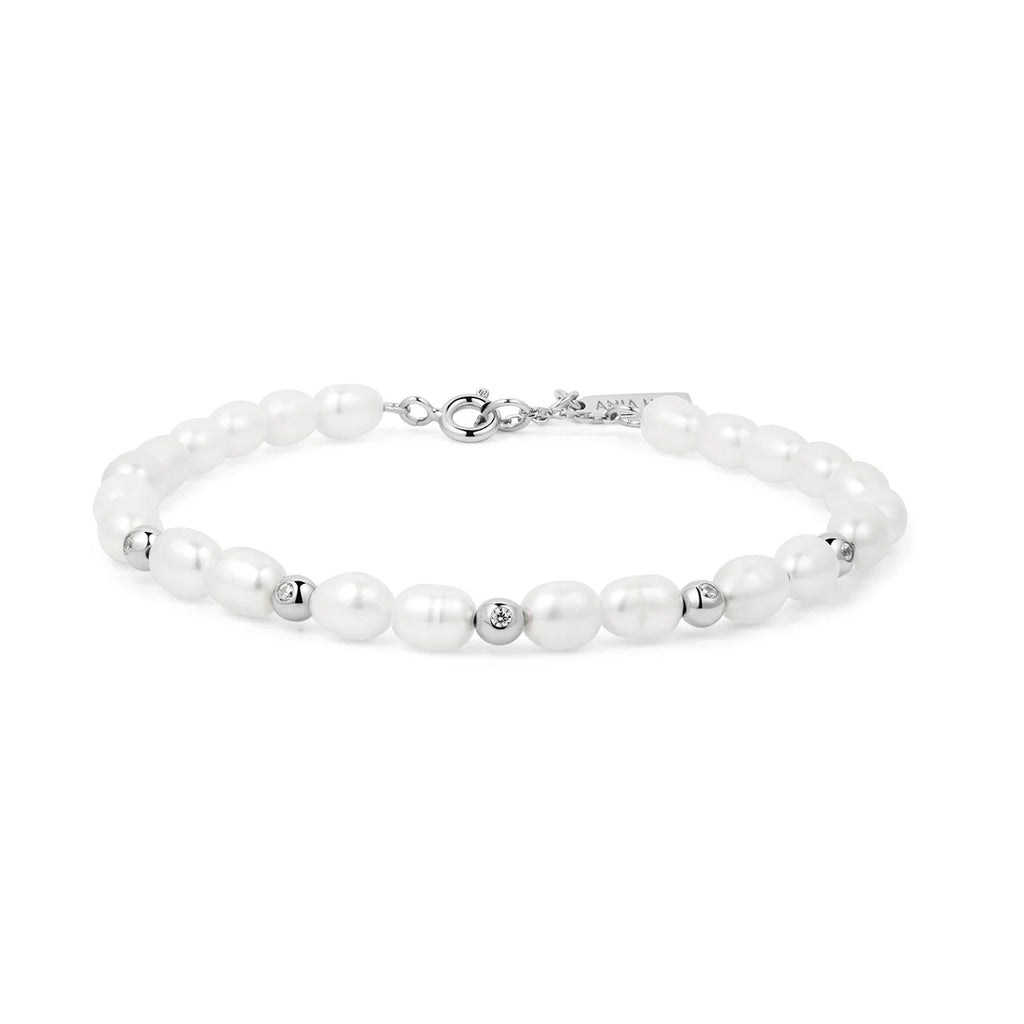 Silver Freshwater Pearl & White CZ Bezel Set Bracelet
