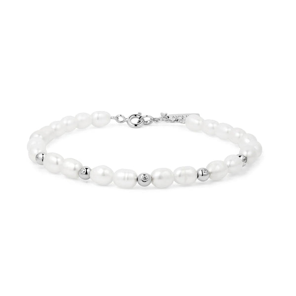 Silver Freshwater Pearl & White CZ Bezel Set Bracelet