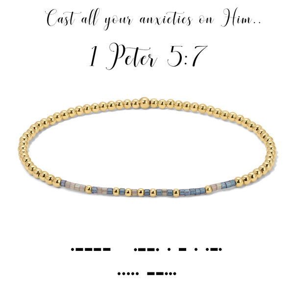 1 Peter 5:7 {Cast all your anxieties on him, because he cares for you} Morse Code Stretch Bracelet