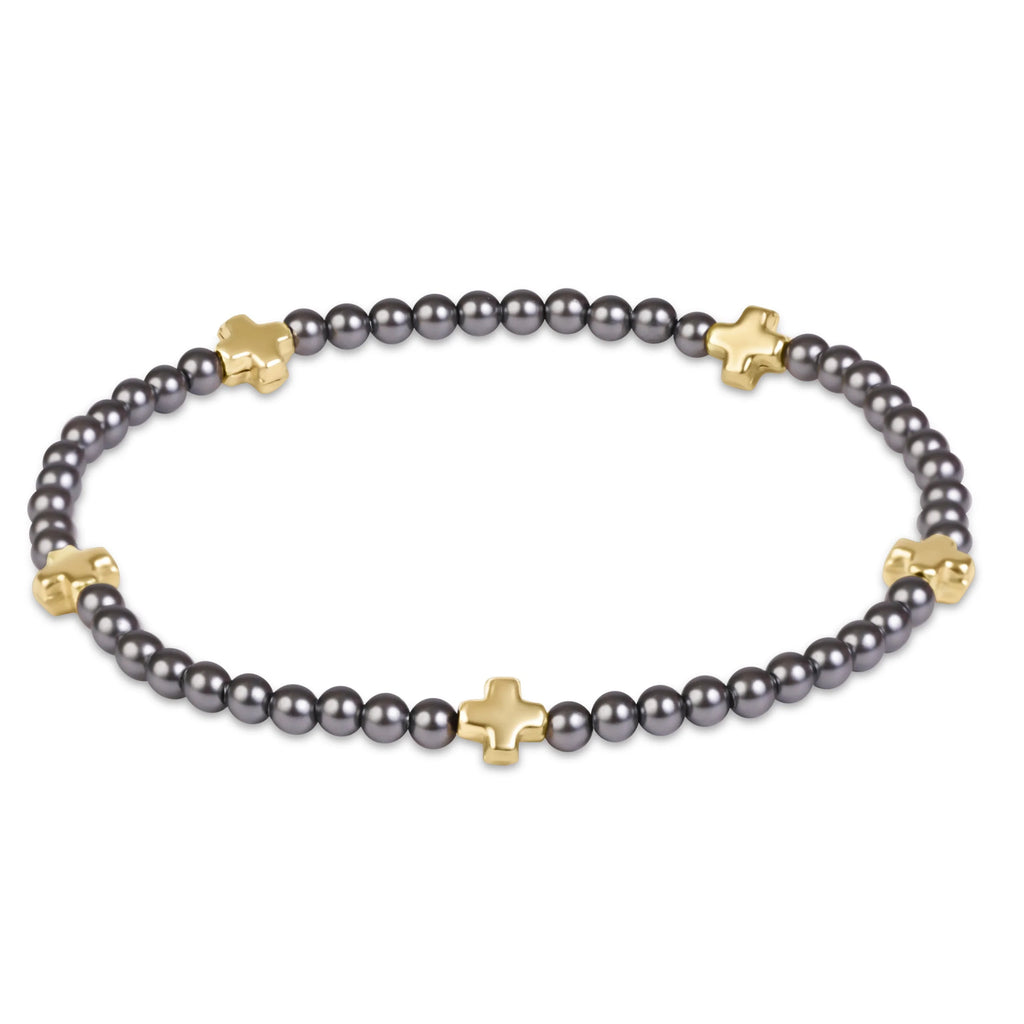 signature cross small 3mm pearl dark grey bracelet - goldsignature cross small 3mm pearl dark grey bracelet - gold