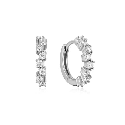 Silver Sparkle Cluster CZ Huggie Hoop Earrings