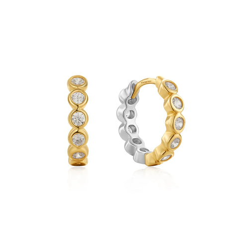 Two-Tone Bezel CZ Huggie Hoop Earrings