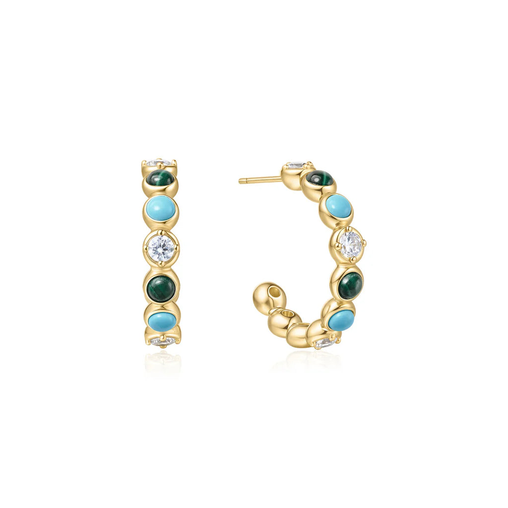 Gold Malachite & Turquoise Large Hoop Earrings