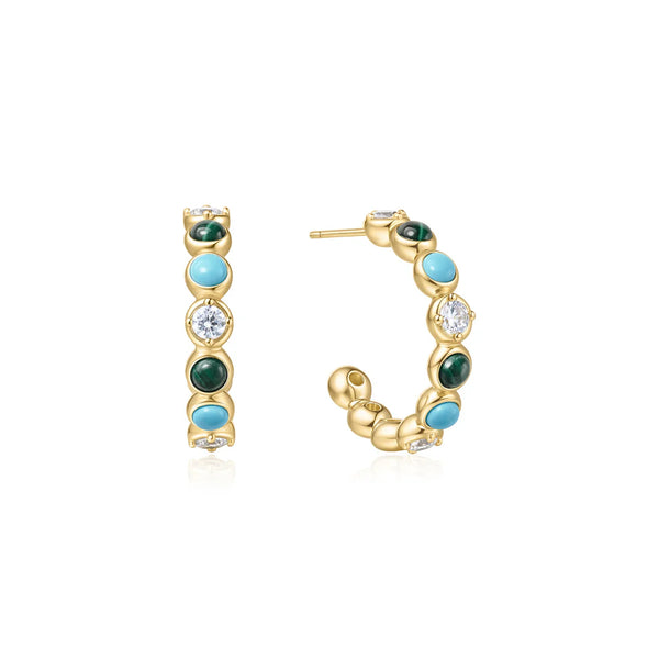 Gold Malachite & Turquoise Large Hoop Earrings