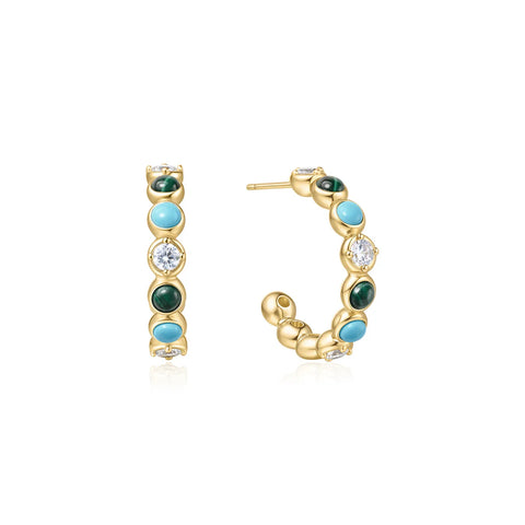 Gold Malachite & Turquoise Large Hoop Earrings