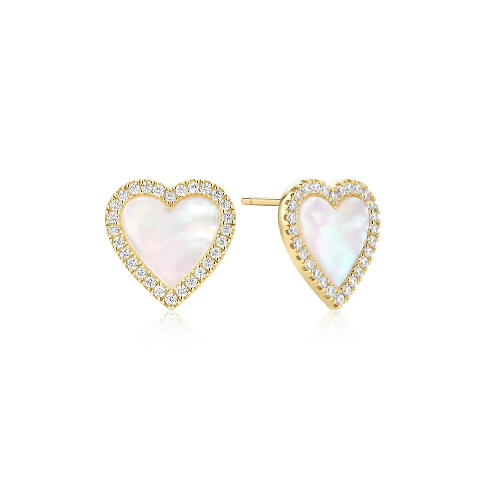 Gold Mother of Pearl Halo Heart Stud Earrings