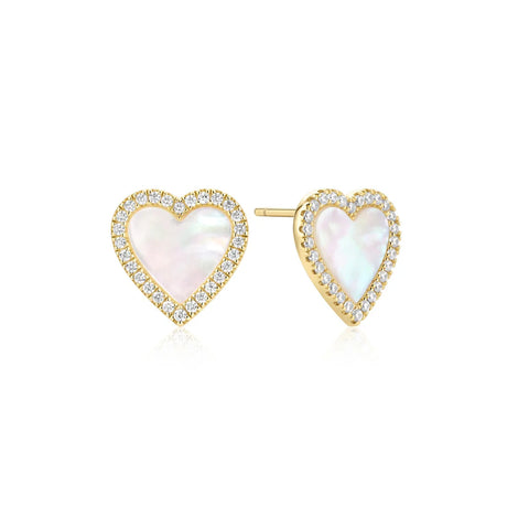 Gold Mother of Pearl Halo Heart Stud Earrings