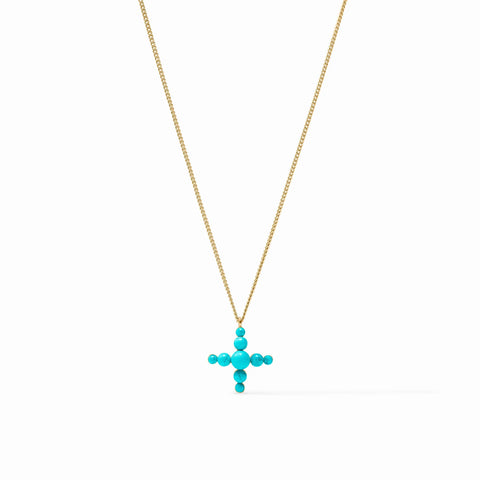 Gumdrop Cross Delicate Necklace in Gold - Turquoise Blue