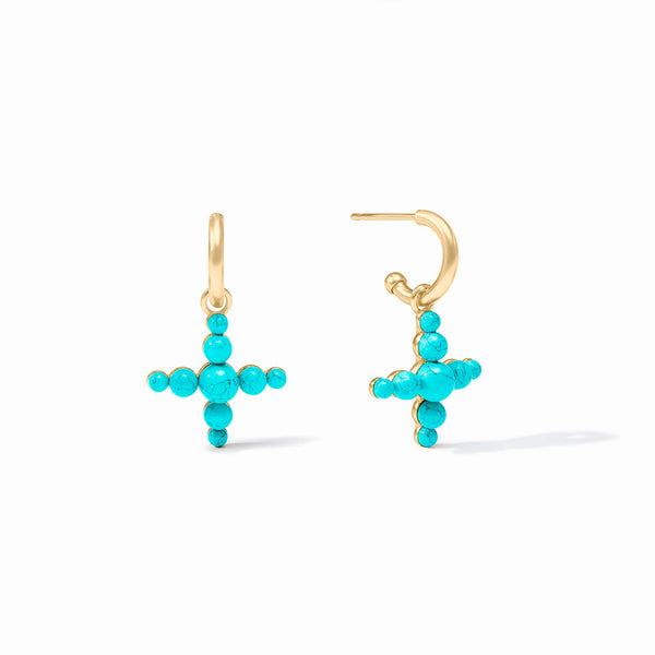Gumdrop Cross Hoop & Charm Earring - Gold - Turquoise Blue