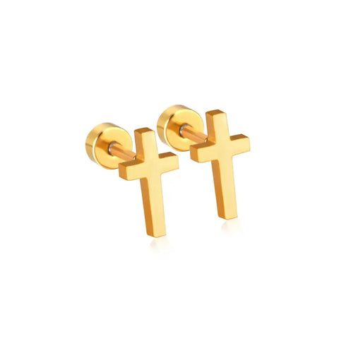 Plain Gold Cross Flat Back Screw Stud Earrings