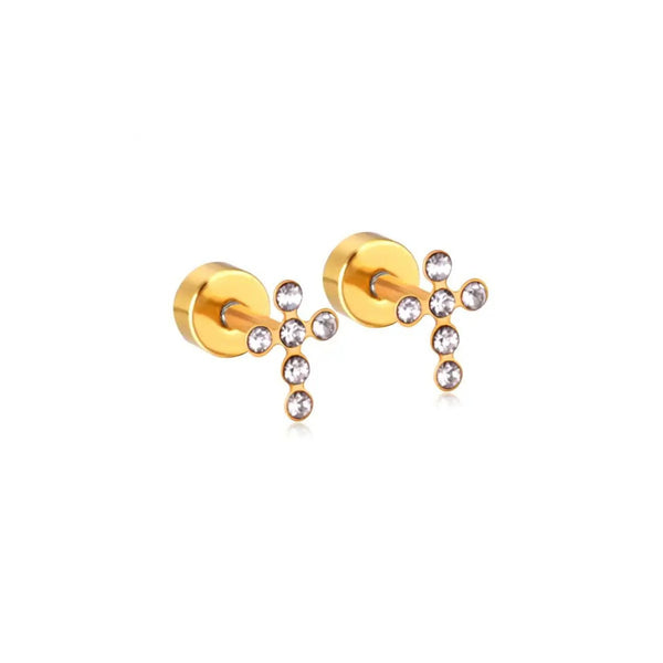 Clara CZ Cross Flat Back Screw Stud Earrings
