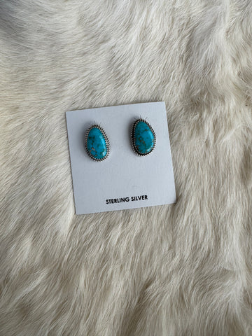 Navajo Handmade Turquoise Rounded Teardrop Stud Earrings by Donovan Nez
