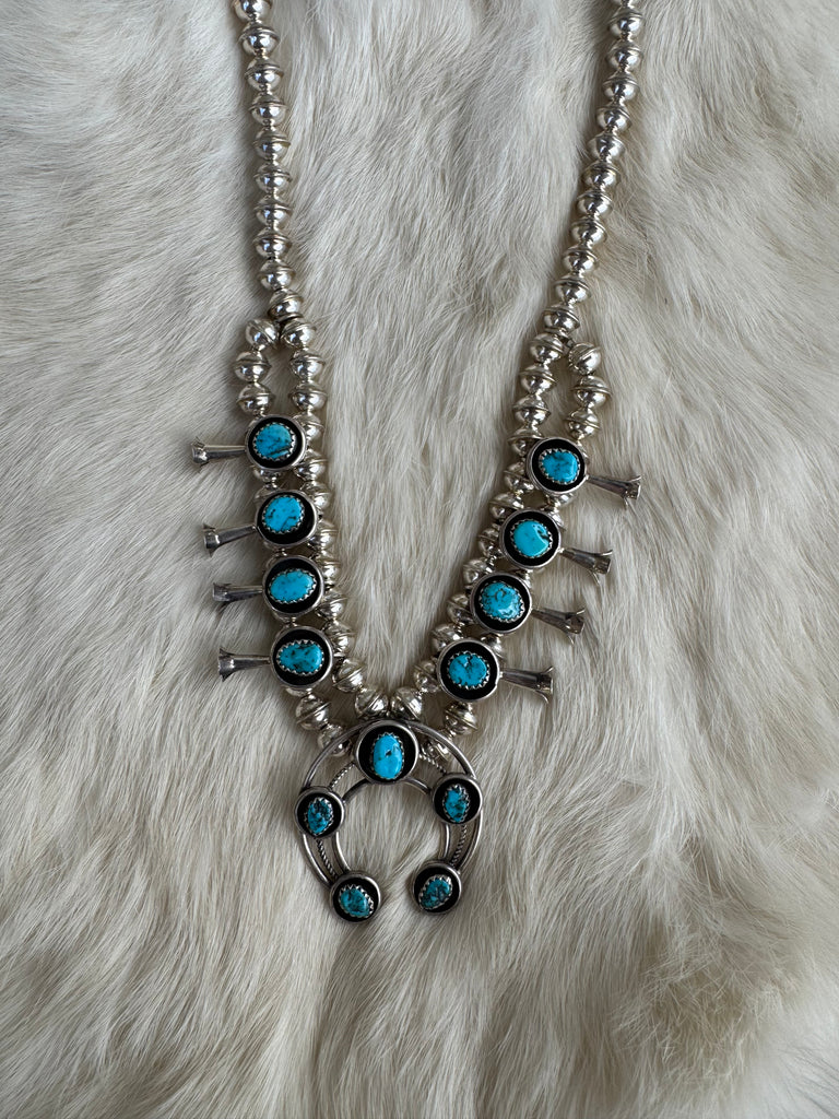 Navajo Handmade Mini Squash Blossom Kingman Turquoise Statement Necklace