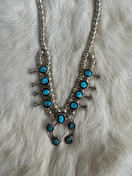 Navajo Handmade Mini Squash Blossom Kingman Turquoise Statement Necklace