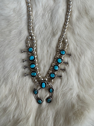Navajo Handmade Mini Squash Blossom Kingman Turquoise Statement Necklace