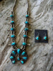 Navajo Handmade Squash Blossom Turquoise Statement Necklace & Matching Earring Set by Thomas Fransco