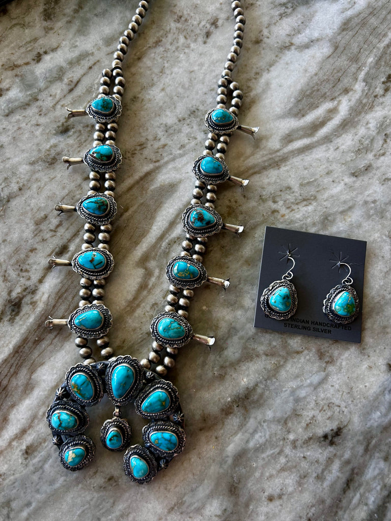 Navajo Handmade Squash Blossom Turquoise Statement Necklace & Matching Earring Set by Thomas Fransco