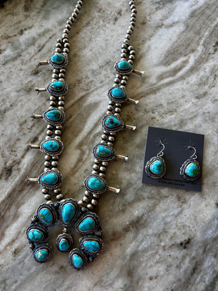 Navajo Handmade Squash Blossom Turquoise Statement Necklace & Matching Earring Set by Thomas Fransco