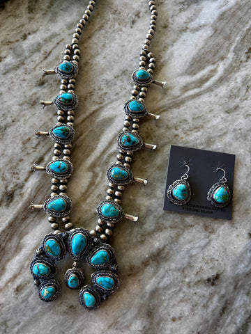 Navajo Handmade Squash Blossom Turquoise Statement Necklace & Matching Earring Set by Thomas Fransco