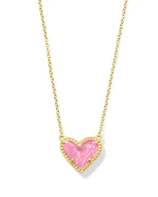 Ari Heart Short Pendant Necklace in Pink Iridescent Glitter Glass