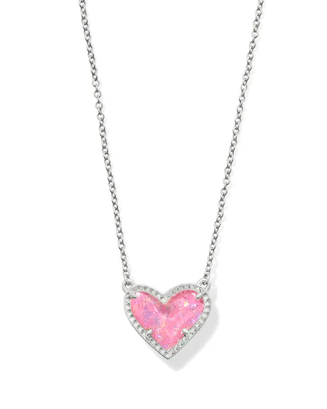 Ari Heart Short Pendant Necklace in Pink Iridescent Glitter Glass