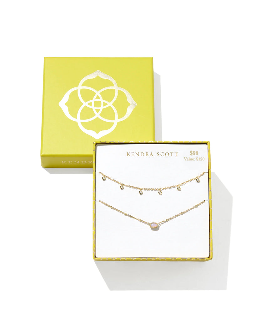 Mini Elisa in Pink Opalite & Amelia CZ Necklace Gift Set in Gold