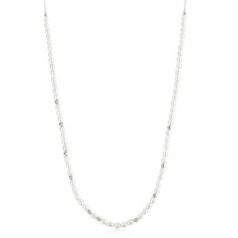 Silver Freshwater Pearl and White Cubic Zirconia Bezel Set Slider Necklace