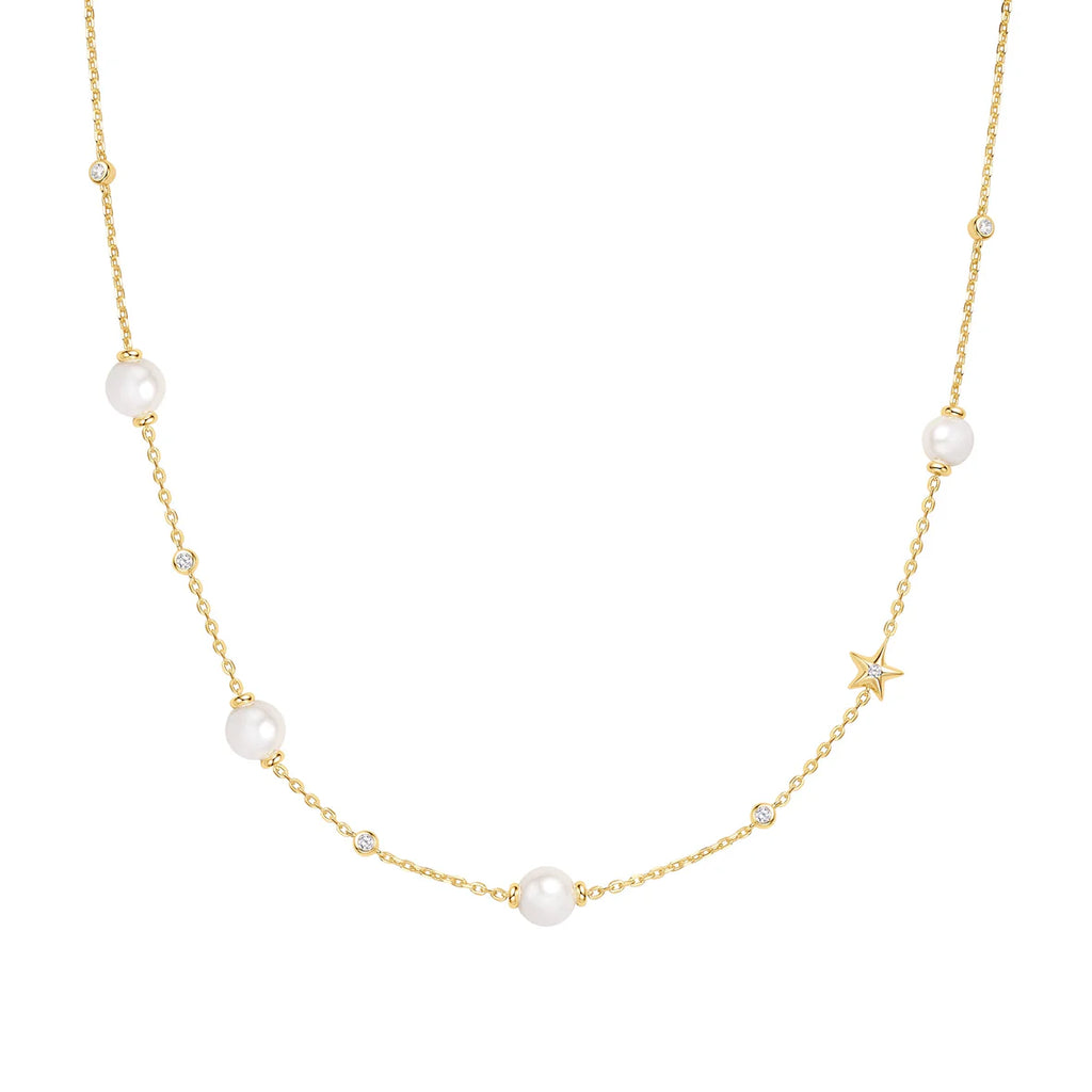 Gold Shell Pearl and Star Station Necklace
