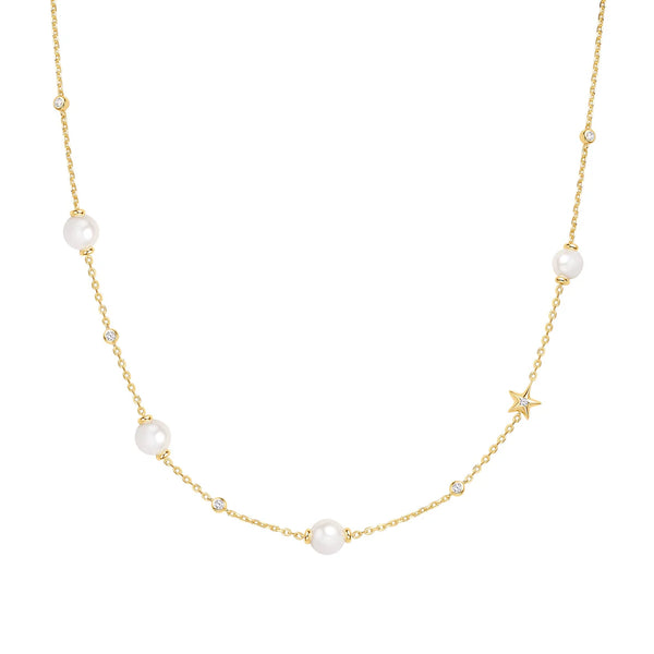Gold Shell Pearl and Star Station Necklace