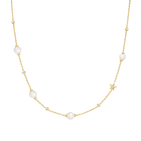 Gold Shell Pearl and Star Station Necklace