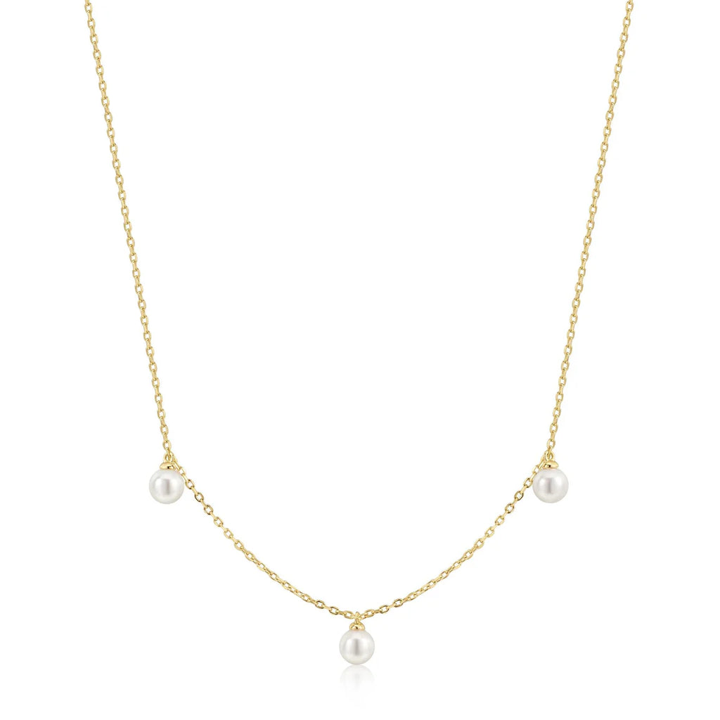 Gold Triple Shell Pearl Station Necklace