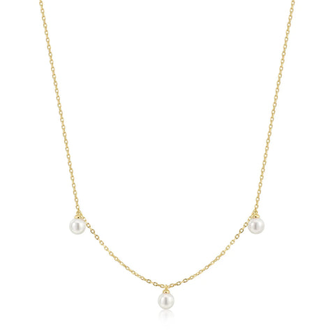 Gold Triple Shell Pearl Station Necklace