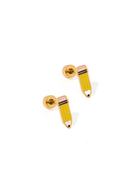 Pencil Gold Flat Back Screwback Stud Earrings
