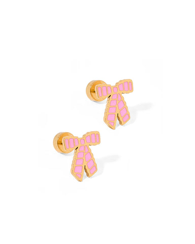 Conley Pink Bow Gold Flat Back Screwback Stud Earrings