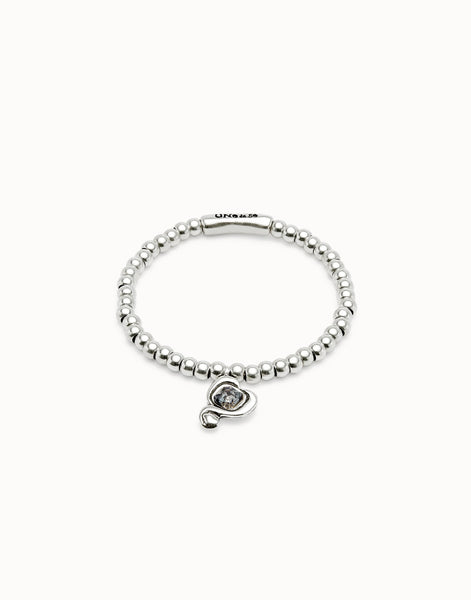 Beaded Stretch Bracelet with Heart & Crystal - Silver
