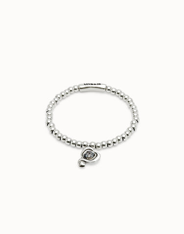 Beaded Stretch Bracelet with Heart & Crystal - Silver