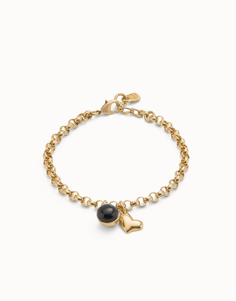 Gold Heart Bracelet with Black Murano Glass Charm