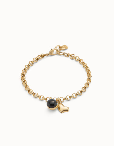 Gold Heart Bracelet with Black Murano Glass Charm